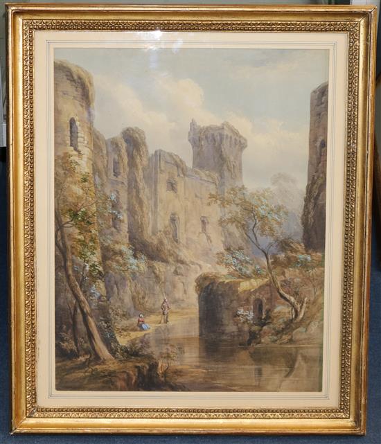 19th century English School Figures beside castle ruins, 21 x 16in.